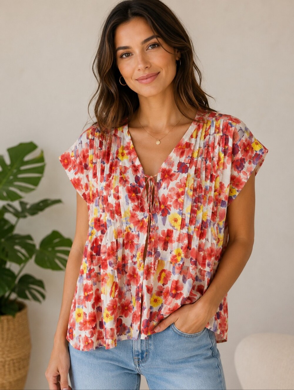 Gigio Floral Tie-Front V-Neck Top Peasant Summer Top Red Abstract Multi Sz Large